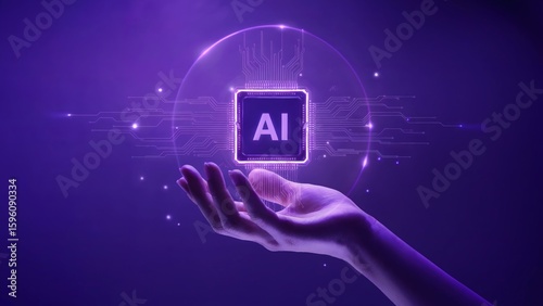 Human hand holding a glowing AI chip surrounded by digital circuits against a purple background