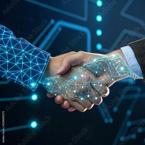 
a handshake with a wireframe of a man and woman