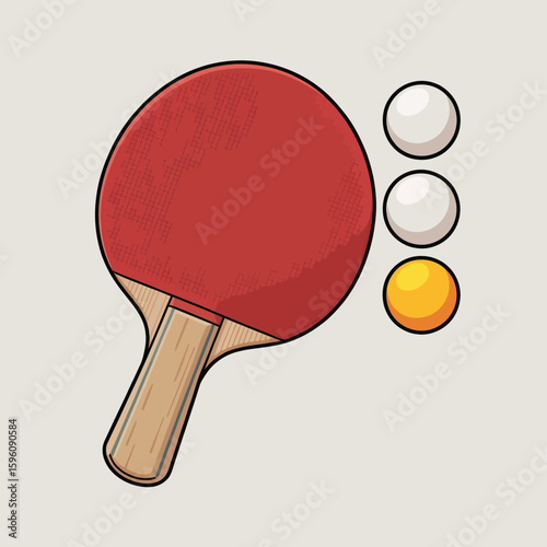 Red ping pong paddle with three balls on a light background