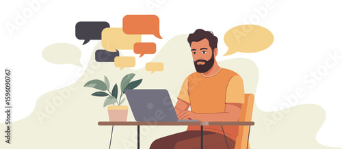Man working on laptop with chat bubbles representing communication and ideas