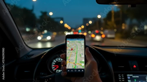 Driver uses smartphone GPS navigation inside car driving in city. Urban transport, road trip, travel in modern automobile. Map, directions, route on phone screen.