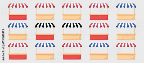 Collection of colorful market stalls with striped awnings and wooden counters