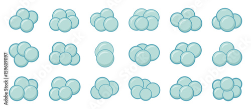 Collection of light blue spherical bacteria clusters in various arrangements