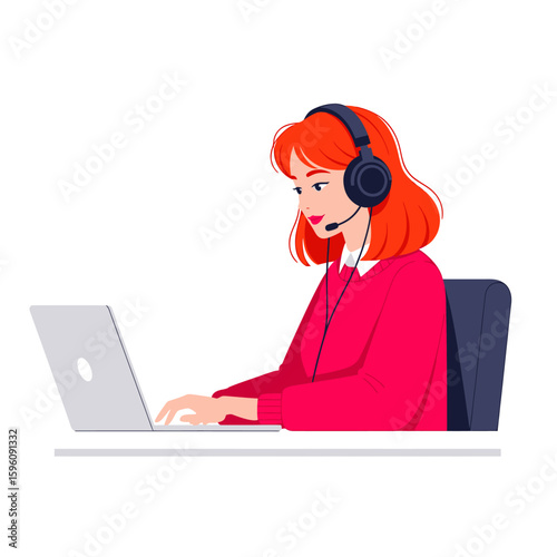 Illustration of a woman with red hair wearing a headset and typing on a laptop, likely working in customer service or a call center.