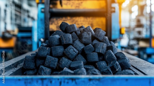 Charcoal Briquettes Made from Coconut Shells Stacked in Industrial Environment for Sustainable Fuel Production
