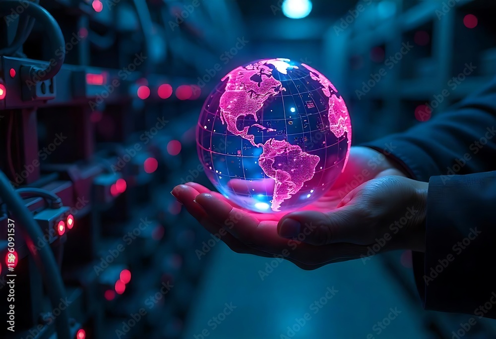 Fototapeta premium Hands holding a glowing digital globe connected by a network of communication icons on a dark background.