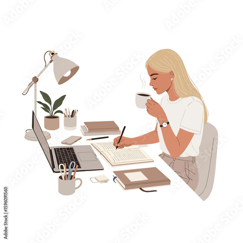 Illustration of a blonde woman sitting at a desk, drinking coffee and writing in a notebook while working on a laptop.
