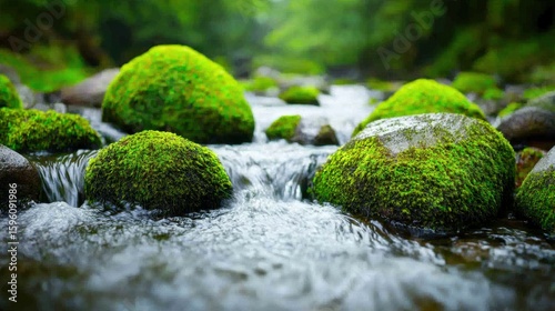 Tranquil Cascading Stream Flowing Through Lush Moss-Covered Rocks in a Serene Natural Landscape
