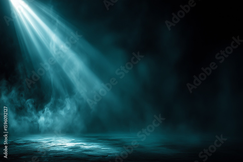 Blue Dramatic Spotlight Beam with Fog and Dust on Dark Background