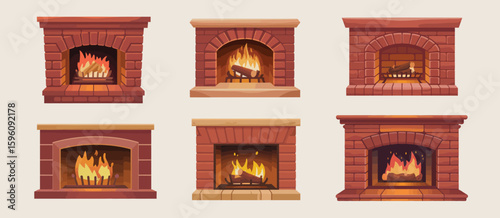 Collection of six decorative brick fireplaces with glowing fires