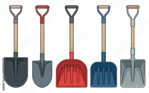 Collection of five different shovels and spades on a white background