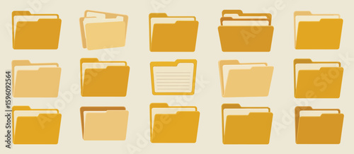 Collection of various yellow and beige file folders in a grid pattern