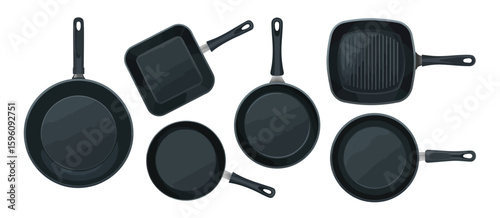 Collection of various black nonstick frying pans and griddle pans