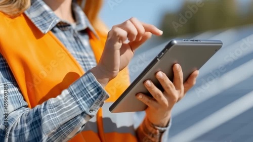 Person Orange Vest Uses Tablet Near Solar Panels Exploring Technology and Renewable Energy Solutions
