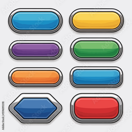 Collection of colorful glossy buttons with metallic frames