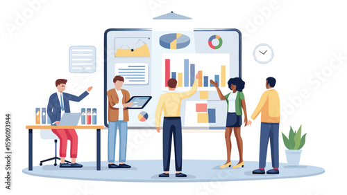 Team discussing charts and graphs on a large screen during a business presentation in a modern office