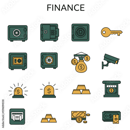 Finance Security Banking Icons Set with Money Gold Safes and Alarms