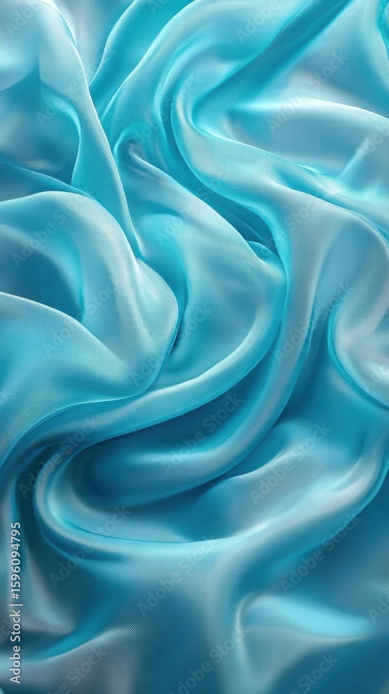Obraz premium Aqua Silk Fabric Drapes Gracefully, Forming Elegant Waves and Swirls; A Study in Smooth, Flowing Textures with a Serene, Tranquil Aesthetic. Subtle Shimmer Adds Depth and Luxurious Visual Appeal.
