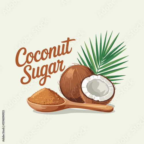 Coconut sugar with coconut and palm leaf on a light background