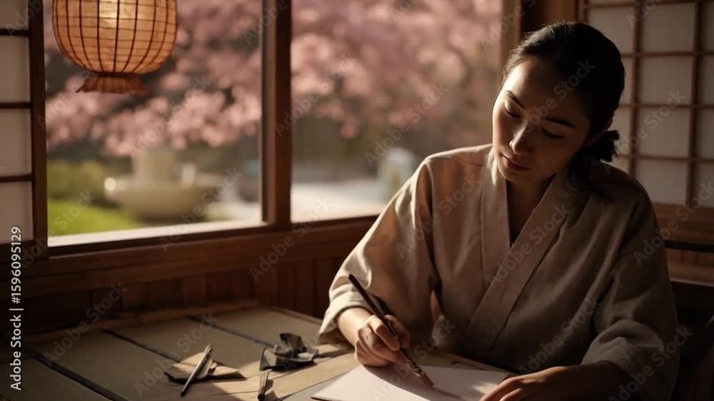 Vibrant handwritten Japanese letters with elegant calligraphy brushes against traditional washi paper backdrop – Japan Letter Day celebration