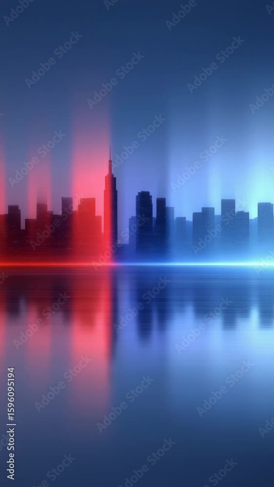 City skyline reflecting in tranquil waters, illuminated with vibrant red and blue lights City skyline reflecting in tranquil waters, illuminated with vibrant red and blue lights