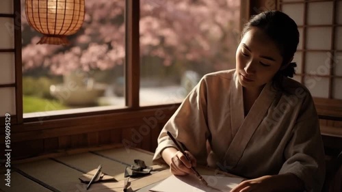 Vibrant handwritten Japanese letters with elegant calligraphy brushes against traditional washi paper backdrop – Japan Letter Day celebration