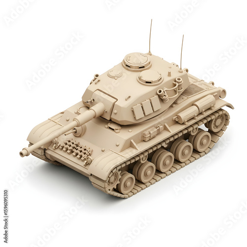 Beige military tank model, isolated on white background, showing detailed design elements.