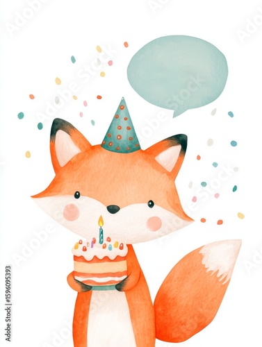 ute Fox Birthday Party Watercolor Celebration Illustration

