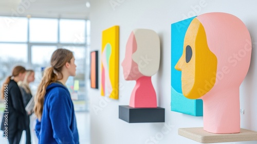 Student Engagement at Art Exhibit on Campus with Visitors Interacting with Creative Works Displayed