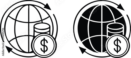 Economy Icons. Black and White Vector Illustrations. Globe and Dollar Coins. Society Sector Concept
