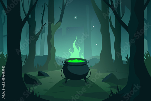 A glowing cauldron in a foggy meadow vector illustration