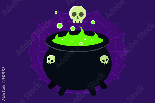 A glowing cauldron with a witch stirring it vector illustration