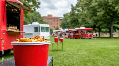 Community Event in Park with Food Trucks, Games, and Music for Students and Families to Enjoy Together Outdoors