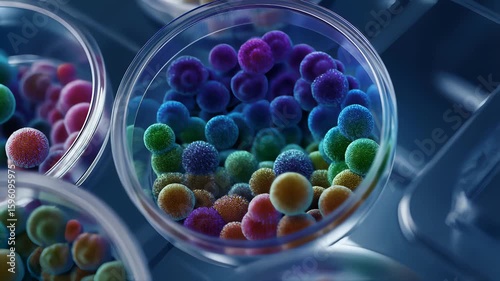 Closeup View of Colorful Vibra in Petri Dishes Showcasing Microbial Diversity and Laboratory Research Techniques