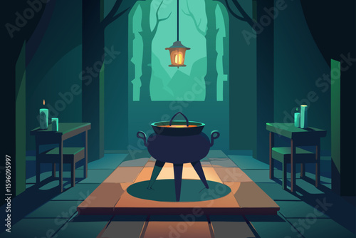 A creepy cauldron with green flames in a dark forest vector illustration
