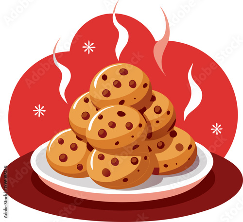 A plate full of freshly baked chocolate chip cookies with steam rising and a festive background icon