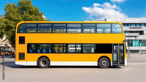 Bright Yellow Double Decker Bus Designed for City Comfort in Urban Environment