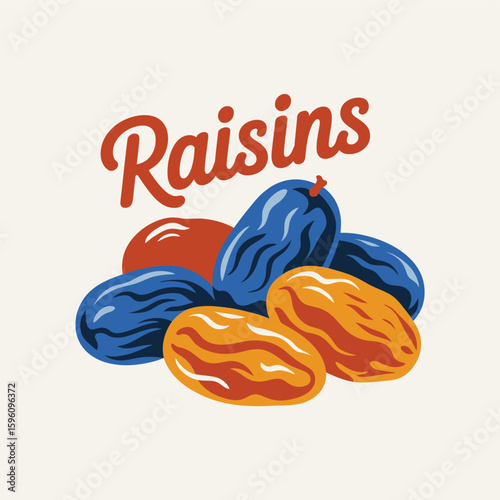 Pile of colorful raisins with the word raisins written above