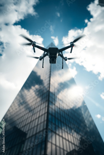 Looking up at a drone flying just above a tall, modern skyscraper