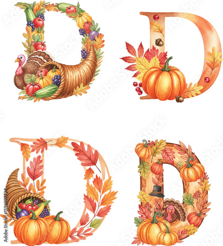 Thanksgiving Letter D with Fall Harvest Elements and Turkey.