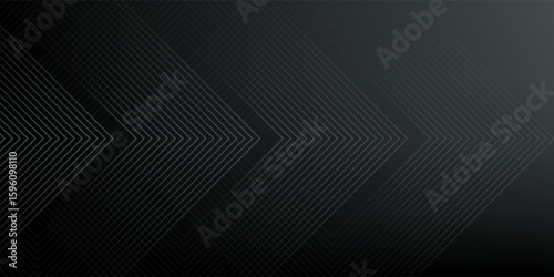Black grey abstract background with glowing arrow lines, technology, futuristic concept. Modern glossy grey geometric lines design. Horizontal banner template suitable for cover, header, poster.