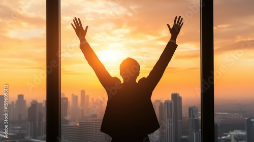 Silhouette of a Person Reaching Towards the Sky Against a Breathtaking Sunrise Over a City Skyline
