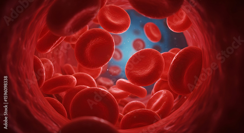 Microscopic view of red blood cells flowing through a human artery, a detailed illustration of the circulatory system's intricate network.