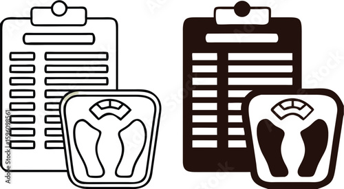 Manage Weight Icons. Black and White Vector Illustration. Healthy Food List and Bathroom Scale. Healthy Lifestyle, Proper Nutrition. Weight Loss Concept
