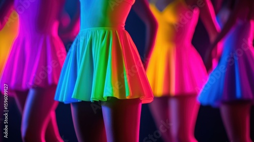 Colorful Dancers in Neon Outfits Create a Dramatic Scene Under Blacklight in a Disco Environment