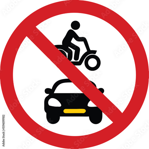Red Sign All Motor Vehicles Prohibited. Warning Road Sign. Car and Person Riding Motorcycle. Vector Icon
