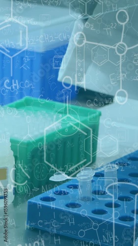 Animation of mathematical equations over female scientist working in lab