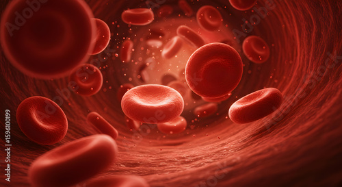 Microscopic view of red blood cells flowing through a human artery, vital for oxygen transportation and overall health.