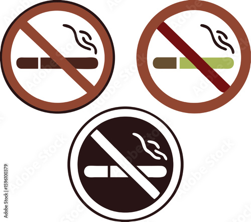 No Smoking Signs. Prohibitory Stickers, Banners. Cigarette and Cigarette Smoke. Red, Black, and White Vector Icons
