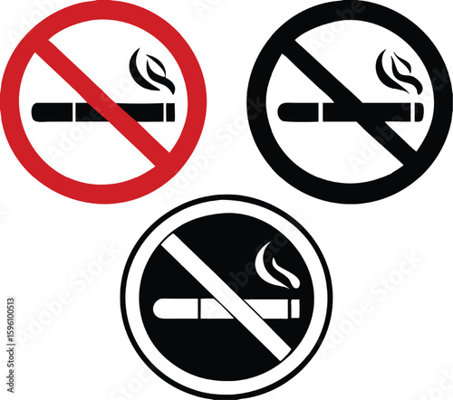 No Smoking Signs. Prohibitory Stickers, Banners. Cigarette and Cigarette Smoke. Red, Black, and White Vector Icons
